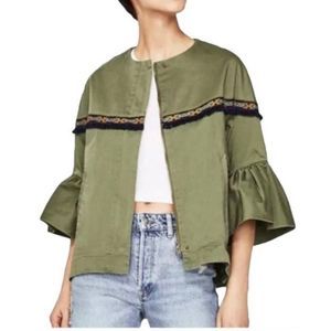 Zara Olive Green Bohemian Bell Sleeve Fringe Jacket Medium